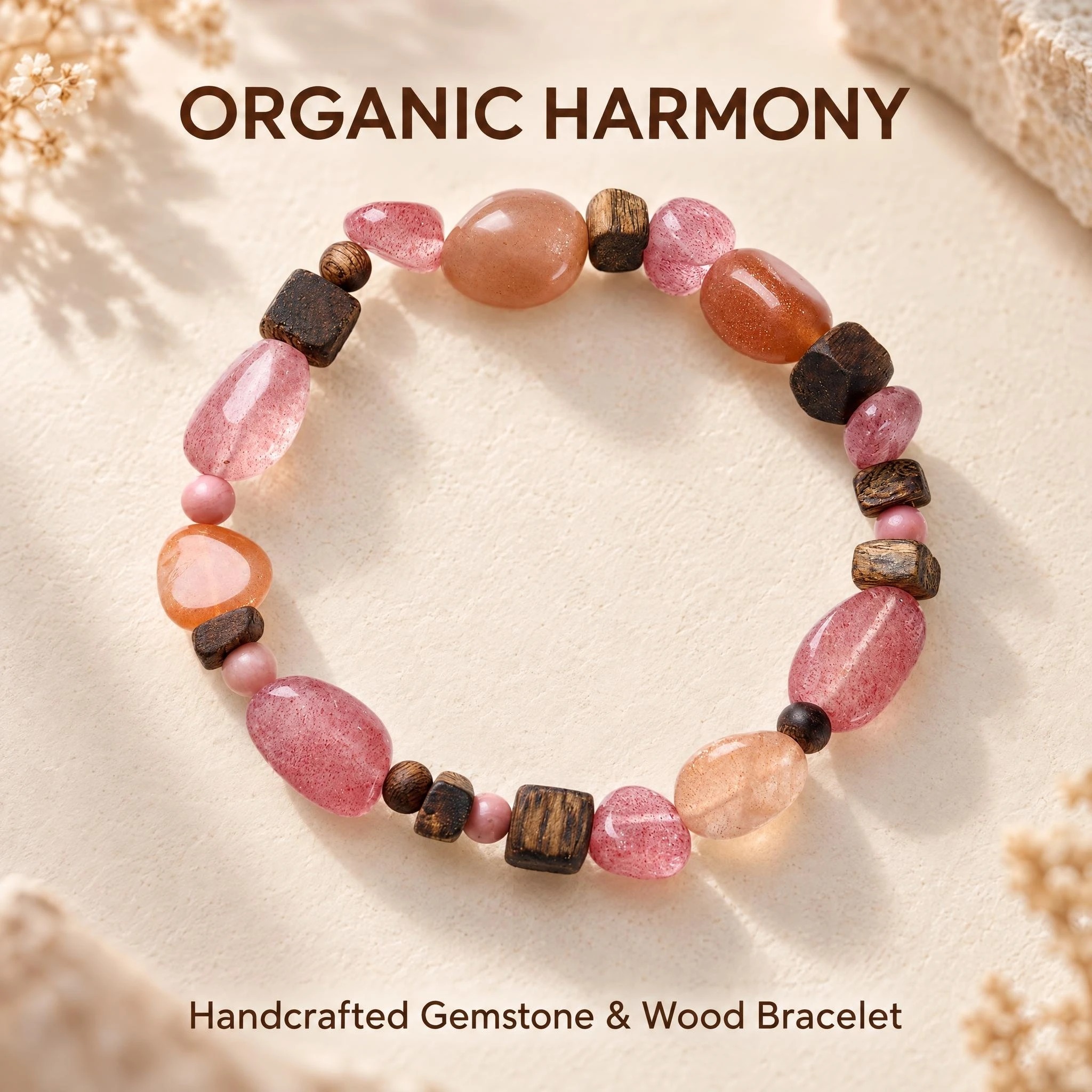 Strawberry Quartz, Sunstone & Agarwood Bracelet